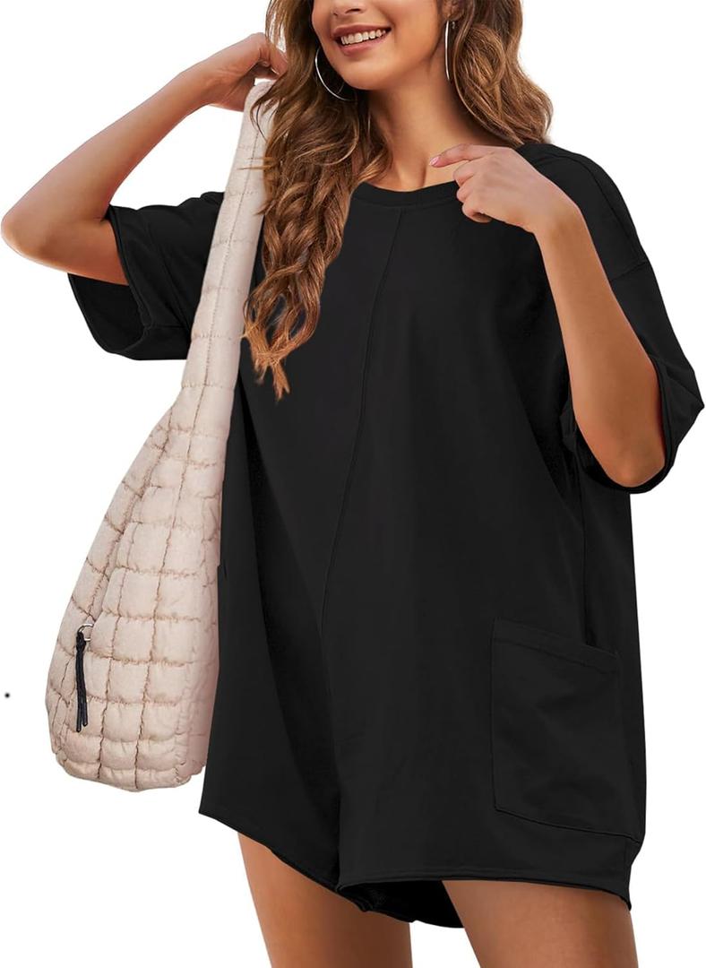 Women's Oversized Tee Rompers Hot Shot One Piece Short Sleeve Backless Jumpsuits V Neck Shorts Overalls with Pockets (Black, M)