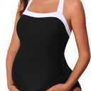 Summer Mae Maternity Swimsuits One Piece Halter Pregnancy Swimwear Color Block Bathing Suit for Women Black 12