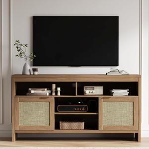 GarveeHome Rattan TV Stand with Storage Place for Living Room, Brown TV Console Cabinet with Shelf, 58 in Entertainment Center Media Console for 45 55 65 in TV, 30 in Tall Oak Wood Television Stands