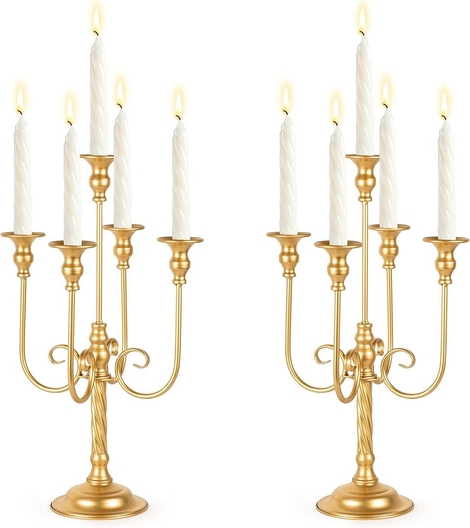 19.7in Gold Candelabra Centerpieces for Tables, 2Pcs Metal Tall Candle Holder for Taper Candles, 5 Arm Candlestick Holder for Wedding Centerpiece Decor Party Event Reception Decoration