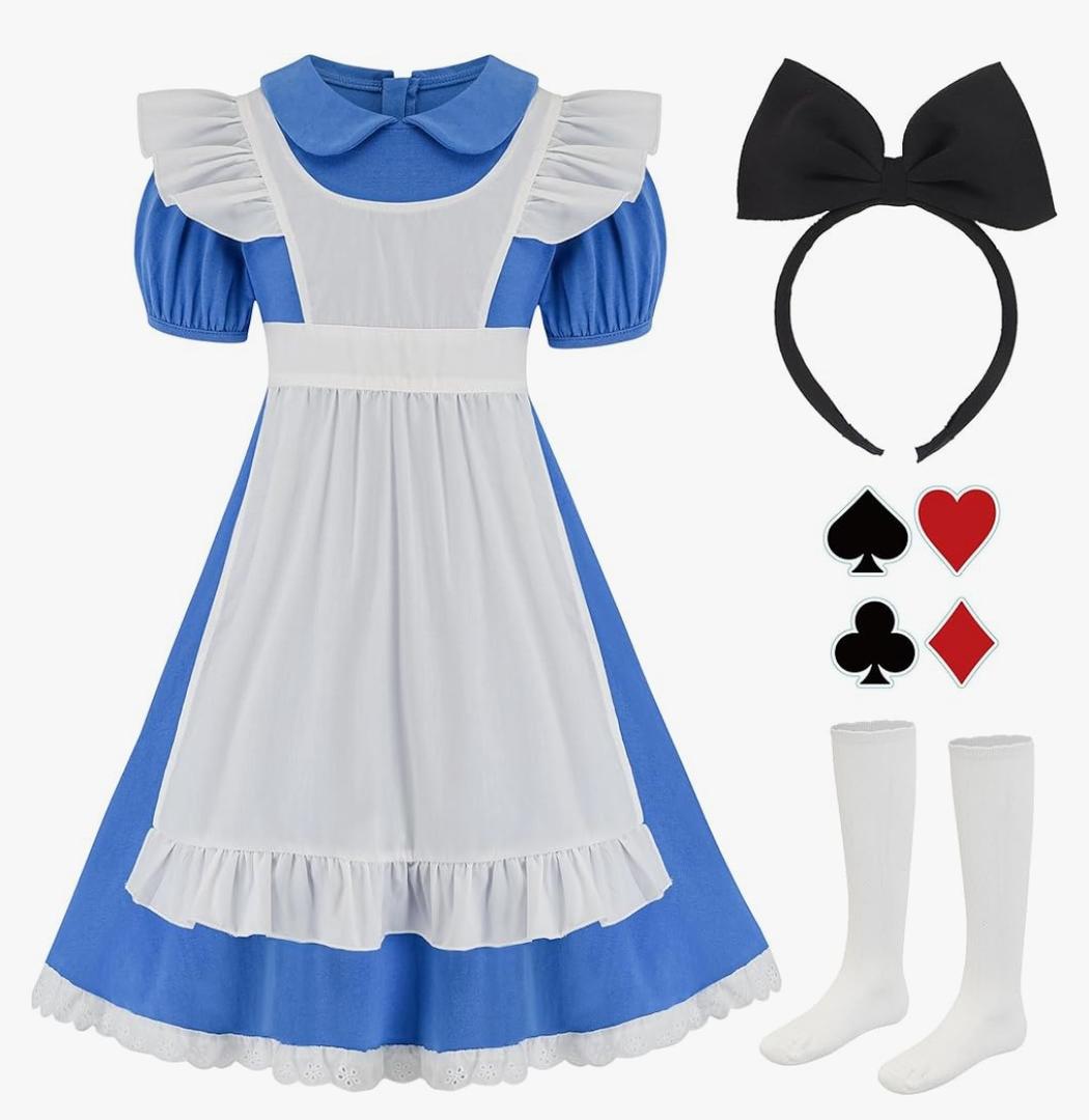 Halloween Costume for Girls, Bule White Callar Dress, White Apron and Black Headband, Set(130)