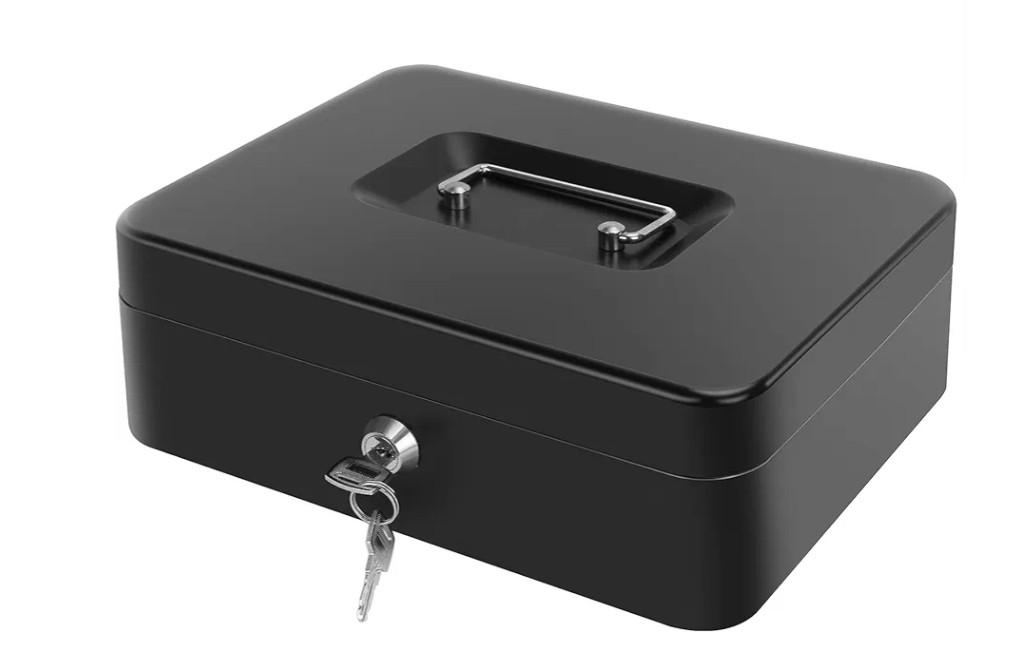 Cash Box with Money Tray - Large Money Box with Lock, Metal Safe Box for Money 9.84" x 7.87" x 3.54" Black