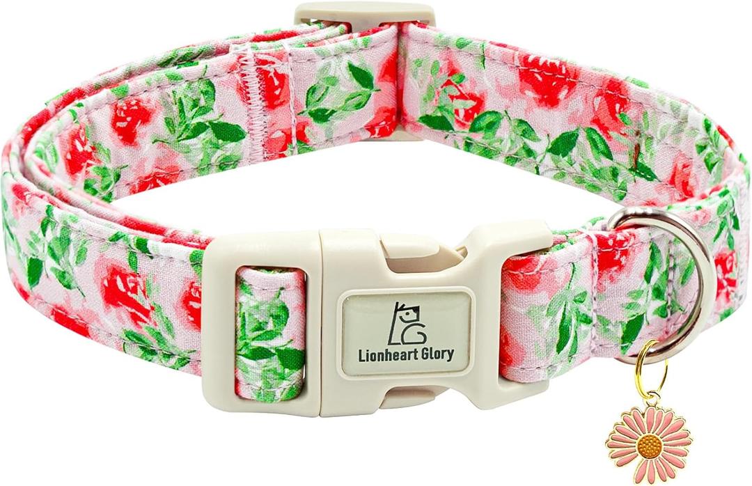 Lionheart glory Dog Collar Pink Flower Summer Spring Cute Collars Dog Girl or Boy Soft Durable Adjustable Collars for Large Dogs Pet Gift (Large(Pack of 1), Red Roses)