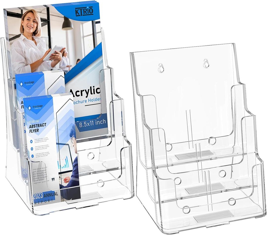 KTRIO Acrylic Brochure Holder 8.5 x 11, 3 Tier Literature & Pamphlet Organizer with Removable Divider for 4 Inch Flyers, Clear Display Stand for Desk & Wall Mount, 2 Pack
