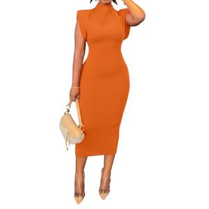 PINSV Maxi Dresses for Women Sleeveless High Neck Elegant Wedding Guest Formal Orange M
