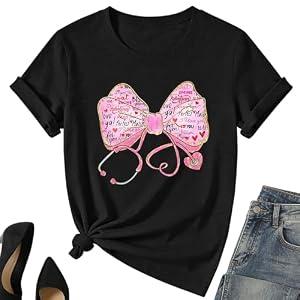 Valentines Nurse Shirt for Women-Valentines Day Bow Short Sleeves Funny Nursing School Tee Tops, XL, Black