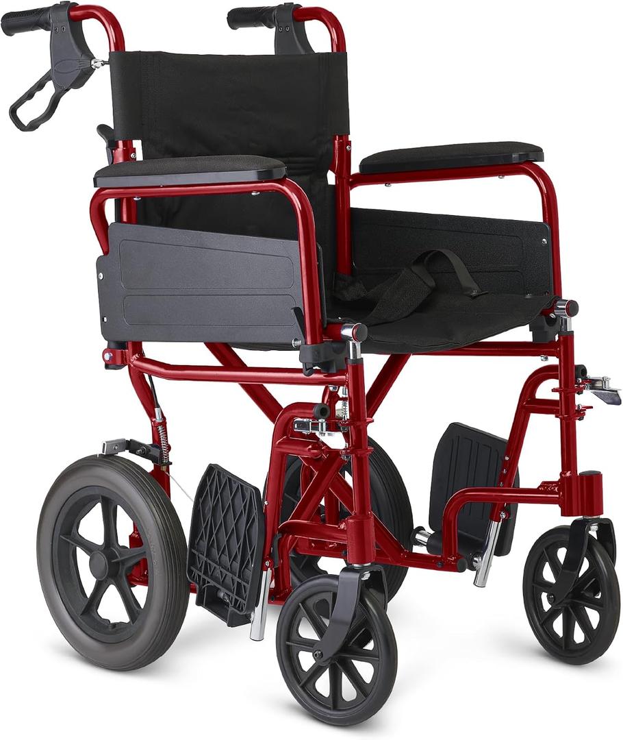 Medline Basic Aluminum Transport Chair, Lightweight Folding Transport Wheelchair with Swing-Back Arms, 12" Wheels, Red, 19 inches