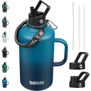 BJPKPK 2/3 Gallon Water Bottle Insulated with Straw Lid, 50oz, 64oz, 87oz, 128oz Large, Stainless Steel Water Bottles with 3 Lids and Paracord Strap, Double Wall Vacuum Metal Water Jug,Vast
