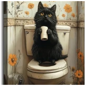 Funny Bathroom Cat Canvas Wall Art Cute Black Cat Get Toilet Paper Sitting on Toilet Painting Picture Wall Decor Poster Print Artwork for lavatory Home Decoration