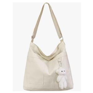 Economical Cotton Canvas Tote Bag,Women Hobo Shoulder Bag Crossbody Handbag with 3 External Pocket,Zipper Closure