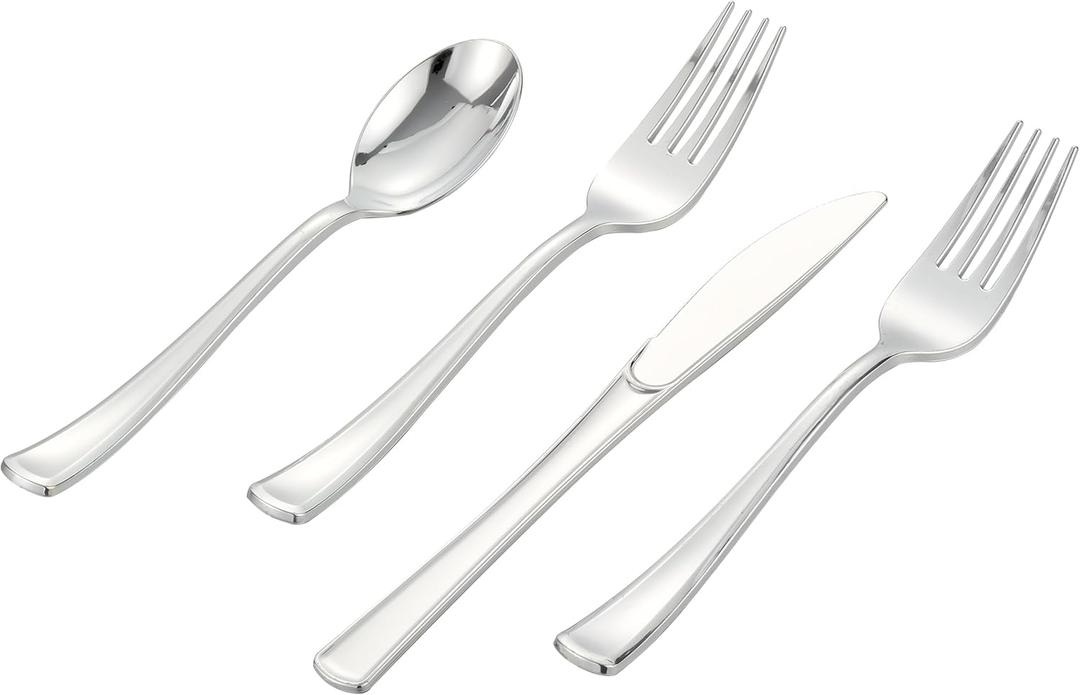 400 PCS Silver Plastic Silverware Set,Disposable Cutlery Set Heavy Duty Flatware for Party,Weddings-200 Silver Forks,100 Knives,100 Spoons