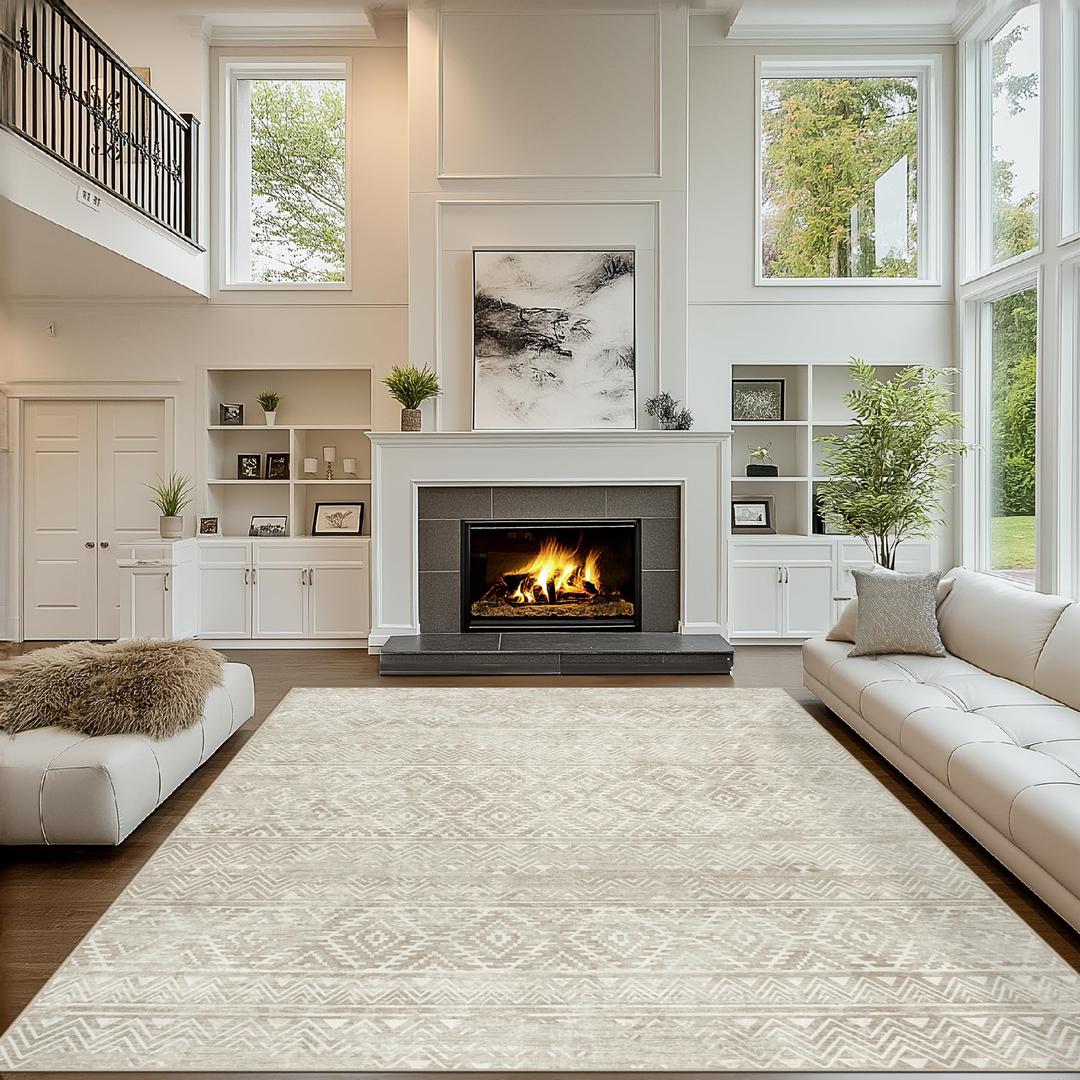6x9 Area Rugs Washable Rug: Anti-Skid Abstract Modern Living Room Rug Soft Thin Carpets Indoor Floor Non-Shedding Carpet for Bedroom Dining Farmhouse Nursery Home Office (Beige/Light Brown, 6'x9')