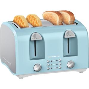 OVENTE Electric 4-Slice Toaster Machine with 6-Shade Selector Setting, Cancel Button, Defrost Function, Crumb Tray, 1400W Power and Wide Slots for Bagels, Waffles and Puff Pastry, Light Blue TS4410LBL