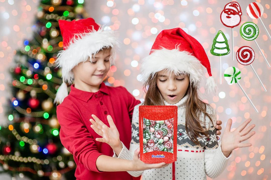 Fruidles 12-Count half Pound Christmas Lollipop Santa, Tree, Swirl, Candy Canes, and Sweet Ball Assortment Mixed Fruit Flavor, Individually Wrapped (EXP 08/15/27)