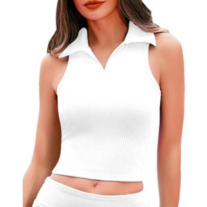 HyMeYou Women Workout Crop Top Built in Bra Ribbed Athletic Tank Tops Casual Sleeveless Collar Shirts Padded Sports Yoga Vest (Medium, White Sports Bra)