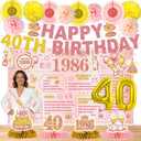 24 Pcs 40th Birthday Decorations for Women, Back in 1986 Party Supplies, Pink Gold 40th Birthday Banner Backdrop Hanging Swirls Balloons Honeycomb Centerpieces Sash