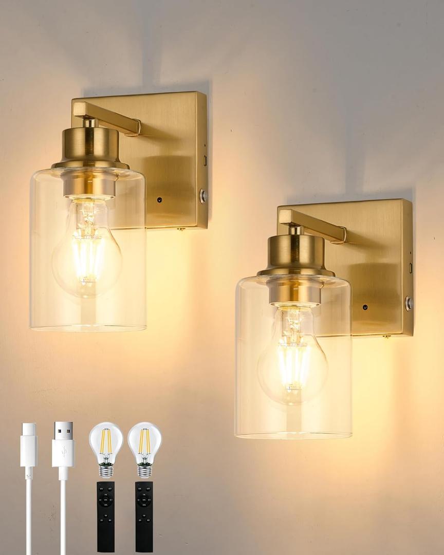 Rechargeable Wall Sconce, Gold Battery Operated Wall Sconce Set of 2 with Timer Function, Easy Install Dimmable Wireless Wall Lamps for Living Room, Bedroom, Hallway, Entryway Decor 3000K
