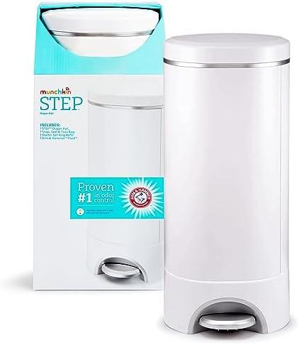 Munchkin® STEP™ Diaper Pail Powered by Arm & Hammer, #1 in Odor Control, Award-Winning, Includes 1 Snap, Seal & Toss™ Bag, 1 Starter Refill Ring, and 1 PUCK™ Baking Soda Cartridge