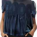 Gozoloma Women's Velvet Lace Blouse Casual Round Neck Short Sleeve Flared Swing Top Elegant Loose Intricate Back Design (X-Large, Mediumblue)