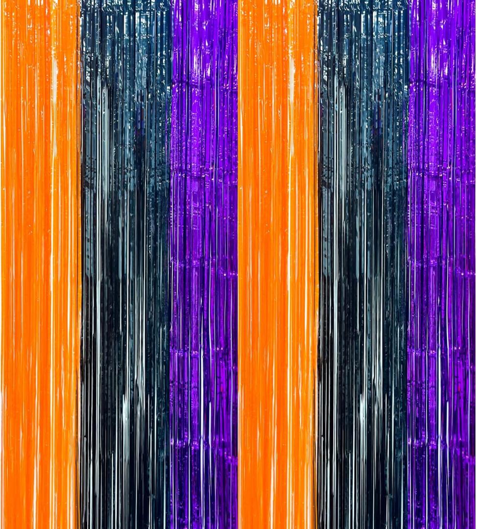 6 Pack Halloween Foil Fringe Curtains, 3.3x6.6 ft Orange Purple Black Tinsel Streamers Backdrop, Photo Booth Props for Halloween Thanksgiving Birthday Party Decorations