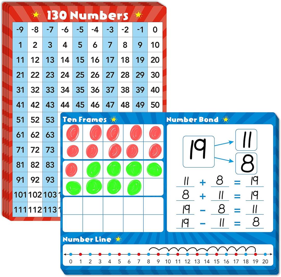 6 x 8 Packs Number Line Whiteboards Cards, Double Sided Dry Erase Board Writable and Erasable 130 Numbers Chart White Board for Kids, Students, Classroom and Home (12 x 9)