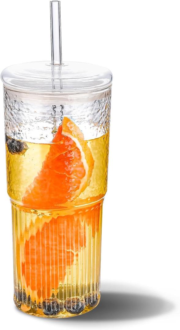 20 OZ Iced Coffee Cup With Glass Lids and Straws,High Borosilicate Glass Tumbler Cup Reusable Wide Mouth Smoothie Cups(Clear, 1Cup)
