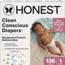 The Honest Company Comfort Dry Disposable Diapers for Sensitive Skin, Hypoallergenic, All The Alpacas + Turtle Time, Super Club Box Size 1 (8–14 lbs), 136 Count
