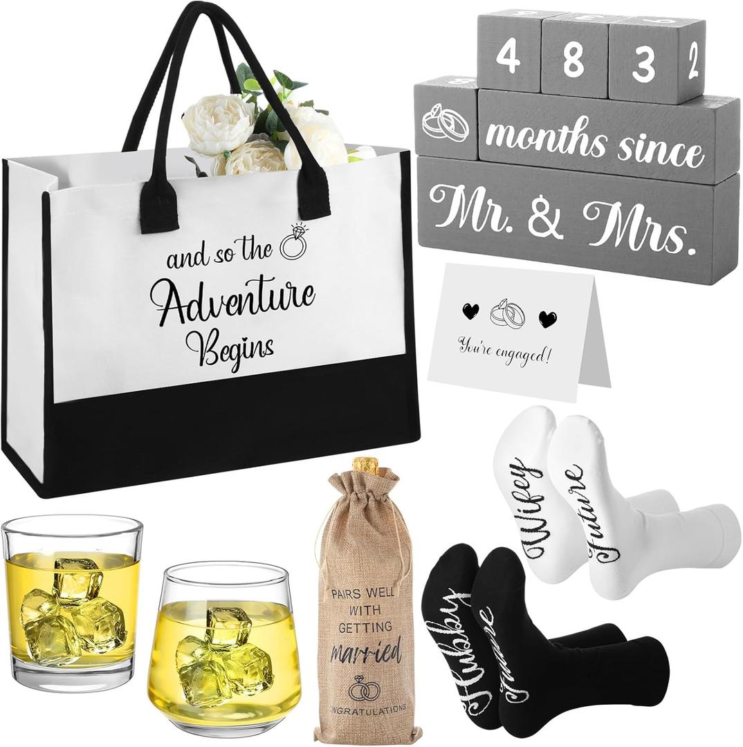 8 pcs Engagement Gifts for Couples Include Tote Bag Future Hubby Wifey Socks  Glasses Cups Burlap  Bag Wedding Countdown Block Calendar Greeting Card Gifts for Newly Engaged Couples