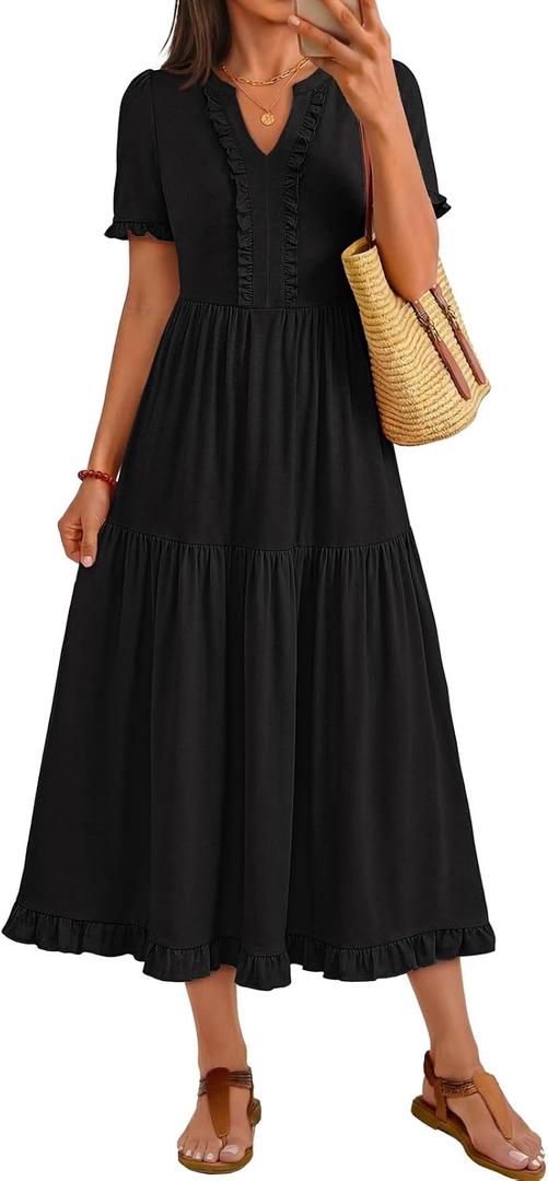 MEROKEETY Women's 2026 Summer Casual Midi Dress Short Sleeve V Neck A Line Flowy Tiered Vacation Beach Dresses (Black, XL)