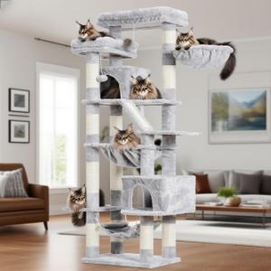 Heybly Cat Tree, 71-Inch-Tall Tower for Indoor Cats with 2 Perches, 2 Big Condos, 2 Hammocks, Basket, Scratching Pad, Large Cat Furniture and Condo, Light Gray HCT034W