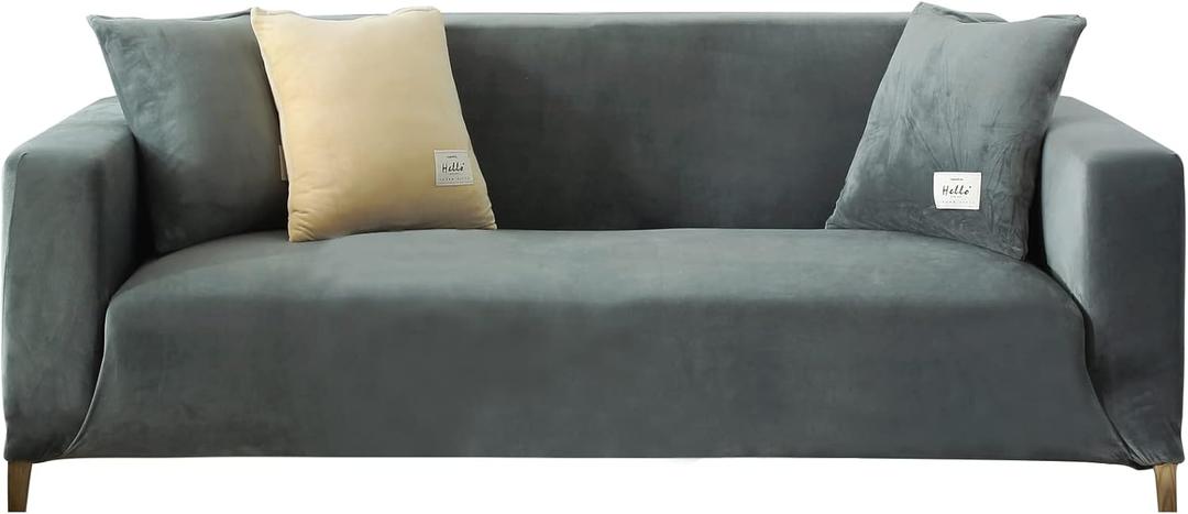 TOPCHANCES Thick Velvet Sofa Cover,Stretch Sofa Covers Slipcovers with Non Slip Elastic Straps Furniture Protector Cover, Couch Slipcover for Living Room Dogs Cat Pet (Light Gray, 2 Seater)