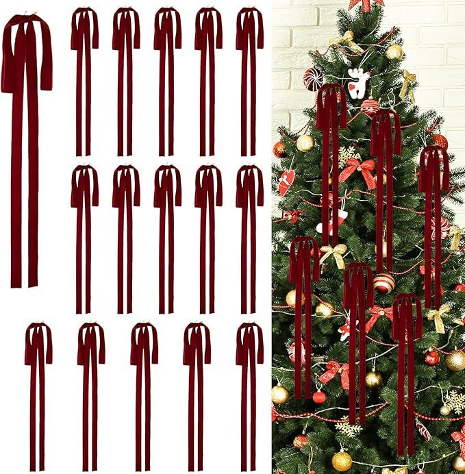 16 PCS Velvet Bows for Christmas Tree, 23.6 x 11.8" Long Vintage Christmas Bows for Wreaths, Green Velvet Bow Ornaments Easy to Attach, Reusable Xmas Tree Decor for Swag Garland Staircase, Purple