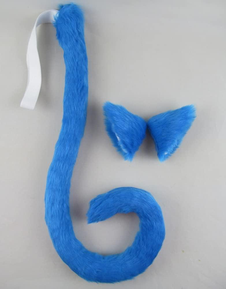Long Fur Cat Ears and Cat Tail Set Halloween Party Kitty Cosplay Costume Kits (Sky blue)