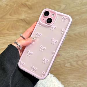 Case for iPhone 15, Clear Cute Ribbon Bowknot Pattern Aesthetic Transparent Phone Case Raised Camera Protection Stylish Slim Soft Durable TPU Protective Cover for Women Girls - Pink