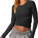Vivitulip Women's Long Sleeve Shirts Basic Fall Ruched Slim Fitted Crop Tops Tight Athletic Blouse with Thumb Holes (XX-Large, Black)