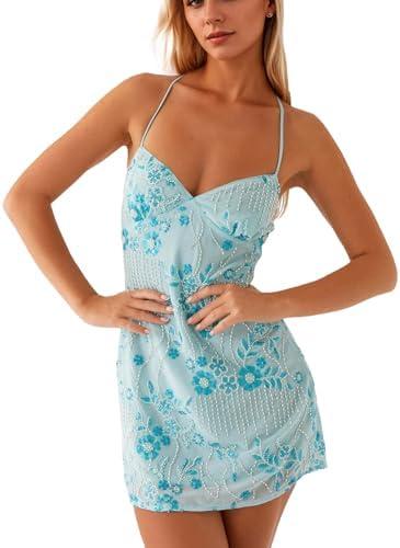 calbatic Women Sequin Sparkly Rhinestone Mini Dress Sleeveless Backless Deep V Neck Glitter Short Cami Dress Party Clubwear, Small