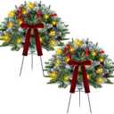 2 Pack 18" Lighted Outdoor Christmas Urn Filler with Remote & Timer, 60 LEDs Prelit Snowy Artificial Xmas Tree Planter Insert, Velvet Bows for Front Porch, Yard Decor(Olive Green)