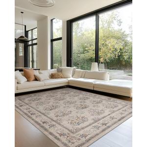 8x10 Large Washable Non-Slip Area Rug for Living Room, Bedroom,Dining Room, Home Office-Vintage Farmhouse Floral Non-Shedding Distressed Foldable Thin Low Pile Area Rug (Beige,8x10)