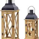 Venalys Farmhouse Wooden Metal Candle Lantern Set of 2, Rustic Large Decorative Floor Lanterns, Indoor/Outdoor Hurricane Lantern for Home Decor (No Glass)