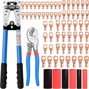Battery Cable Lug Crimping Tool for AWG 10-1/0 Electrical Lug, with Cable Cutter 64pcs Ring Terminals and 70pcs Heat Shrink Tubing