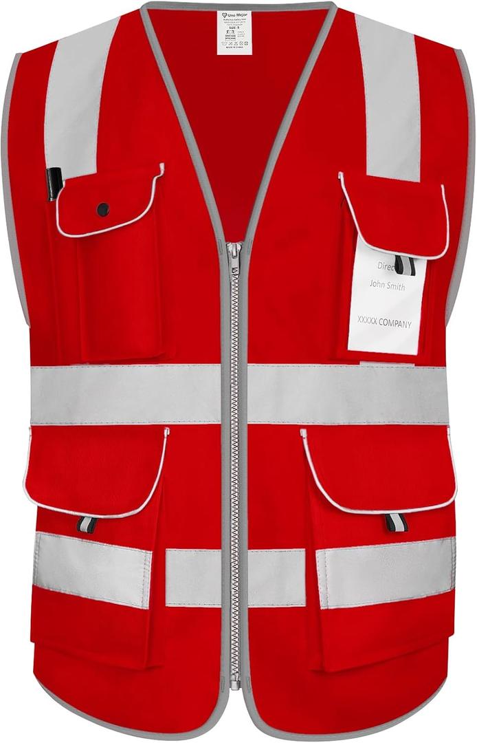 8 Pockets High Visibility Full Zip Red Safety Vest for Men Women, Heavy Duty Work Vest with Reflective Strips, Meets ANSI/ISEA Standard, X-Large