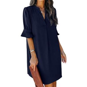 QACOHU Summer Dresses for Women V Neck Ruffle Short Sleeve Casual Shift Dress (Medium, Blue)