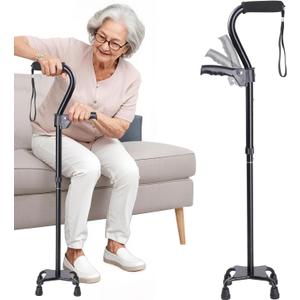Adjustable Walking Cane for Men & Women  4-Pronged Base for Stability (Black)