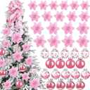 49 Pcs Pink Christmas Tree Decoration Set Include Christmas Tree Topper, 24 Glitter Xmas Flowers 3 Sizes, 24 Pcs 2.36 Inch Xmas Ball Ornaments for Holiday Party Decorations