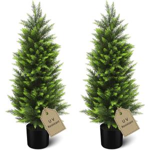 HMASYO 3FT Artificial Cedar Topiary Trees Set of 2, Realistic Potted Fake Cypress Tree Faux Pine Shrubs Plants with UV Resistant for Indoor Outdoor Home Porch Front Door Garden Offices Decorations