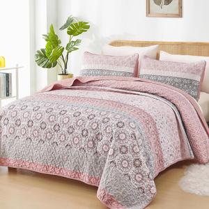 WONGS BEDDING Boho Quilt Set Queen, Bohemian Pink Striped Patchwork Bedspread Coverlet Set with 2 Pillowcases,Lightweight Microfiber Floral Bedding Set 96"90"
