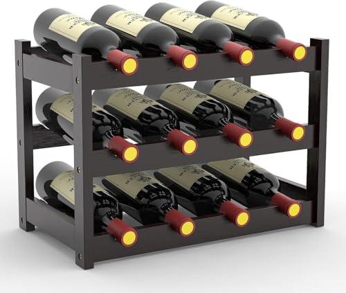 FoverOne Bamboo Wine Rack Countertop, 3-Tier 12 Bottles Wine Storage Shelf for Kitchen Pantry Cabinet - Dark Brown