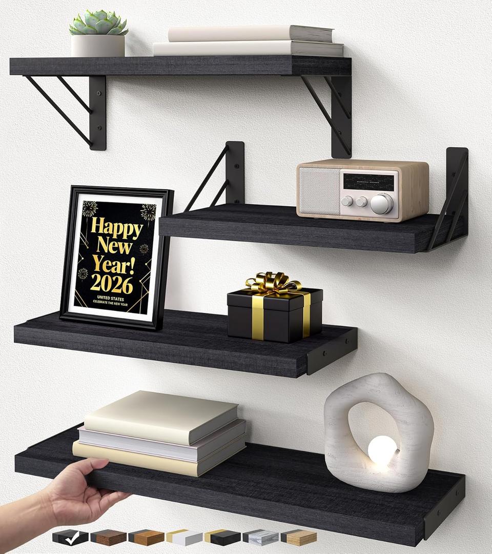 BAYKA Wall Mounted Floating Shelves, Wood Floating Wall Shelf for Books & Decor, Small Space-Saving Display & Organizer, Black, Set of 4