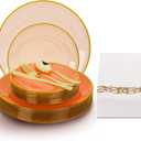 N9R 180PCS Orange Plastic Plates with Gold Trim, Disposable Party Dinnerware Set for 30 Guests, Include 30 Dinner and Salad Plates, Napkins, Forks, Spoons, Knives, Perfect for Wedding, Dinner Party