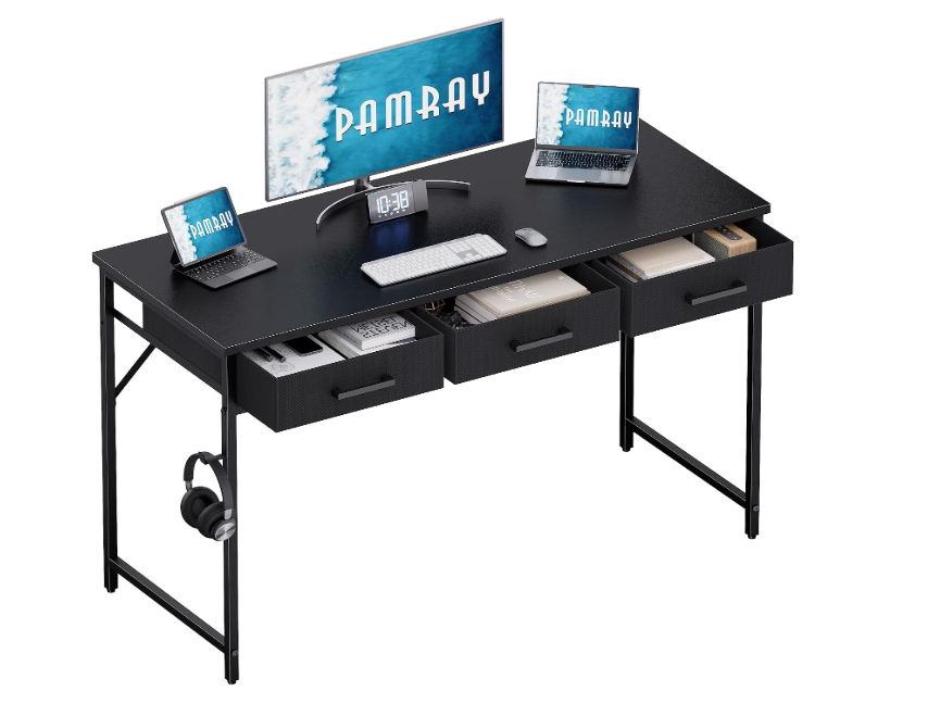 Pamray 47 Inch Small Computer Desk with 3 Drawers for Bedroom Study Writing Home Office Table for Small Spaces Black